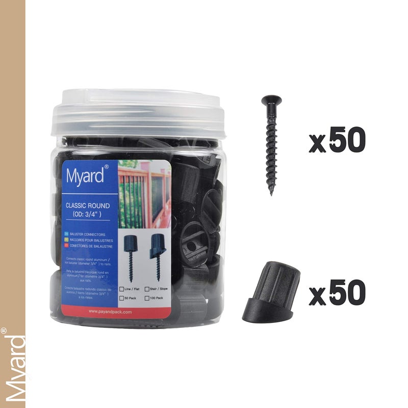 Myard 3/4" Anti-UV Black Baluster Connectors 50pcs for 25 Round Balusters with Stainless Steel Screws, for 25-35 Degree Stair. No Drilling Fast Installation for Deck Handrail Staircase Balusters - Image 3